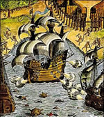 Vespcio chega  costa brasileira
Pintura de Theodore de Bry